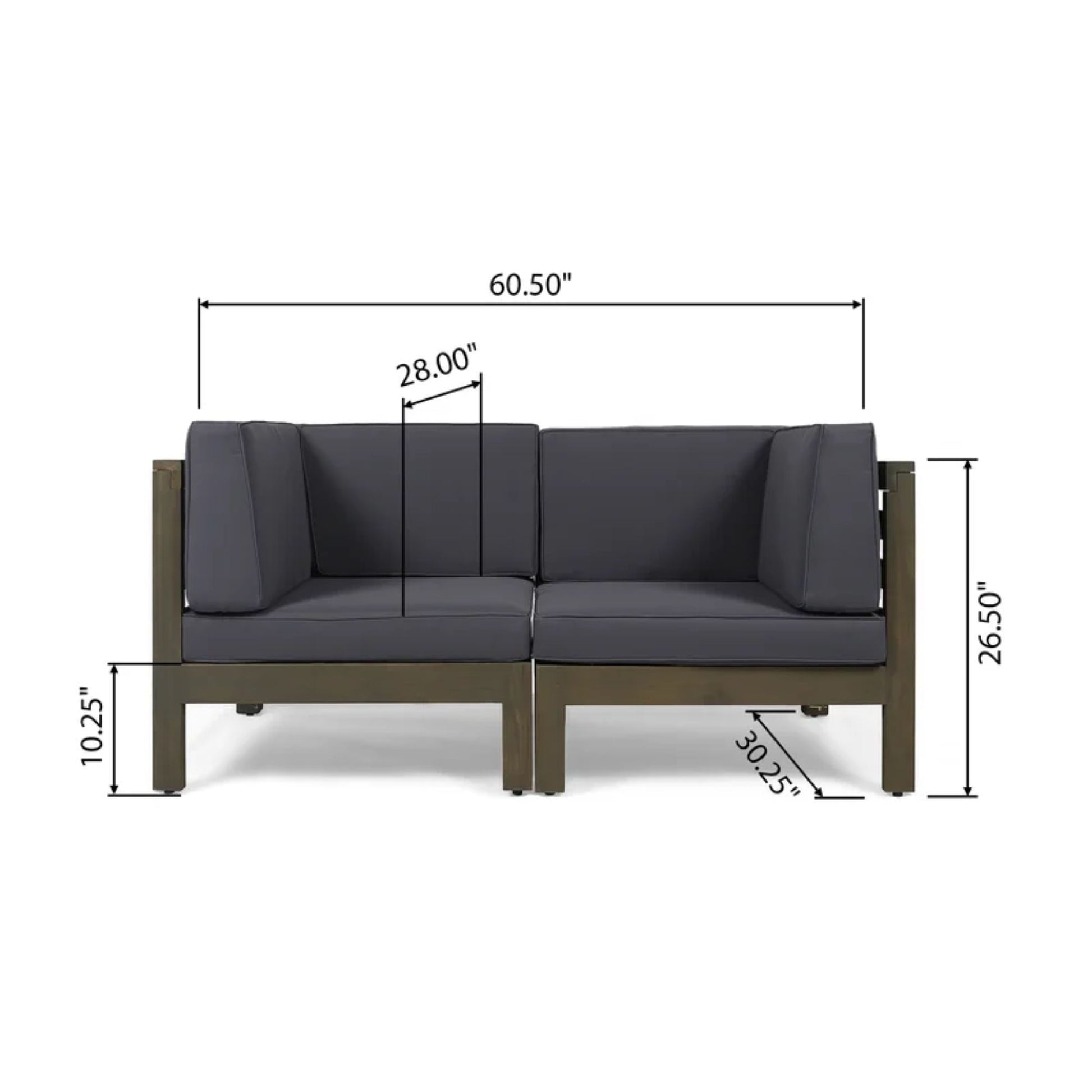 The Oana 2 Piece Loveseat Set with water-resistant cushions, shown at an angle, features a wooden frame and labeled dimensions: 60.5" wide, 26.5" tall, 30.25" deep, with seat height of 10.25" and seat depth of 28".