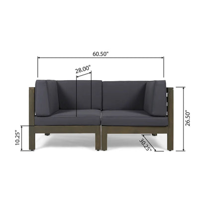 The Oana 2 Piece Loveseat Set with water-resistant cushions, shown at an angle, features a wooden frame and labeled dimensions: 60.5" wide, 26.5" tall, 30.25" deep, with seat height of 10.25" and seat depth of 28".