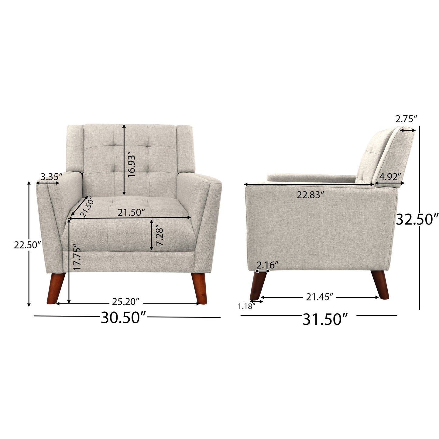 Front and side views of the Luminaesque Fabric Upholstered Armchair With Tufted Back in light gray, featuring wooden legs and detailed seat, width, height, and depth measurements marked with black arrows.