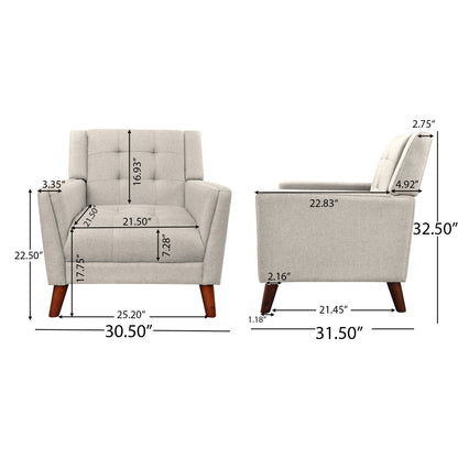 Front and side views of the Luminaesque Fabric Upholstered Armchair With Tufted Back in light gray, featuring wooden legs and detailed seat, width, height, and depth measurements marked with black arrows.