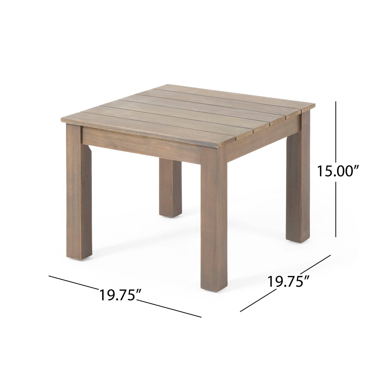 The Halcyon Outdoor Side Table features a square slatted top and four straight legs. Dimensions: 19.75"W x 19.75"D x 15"H.