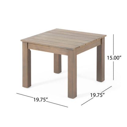 The Halcyon Outdoor Side Table features a square slatted top and four straight legs. Dimensions: 19.75"W x 19.75"D x 15"H.