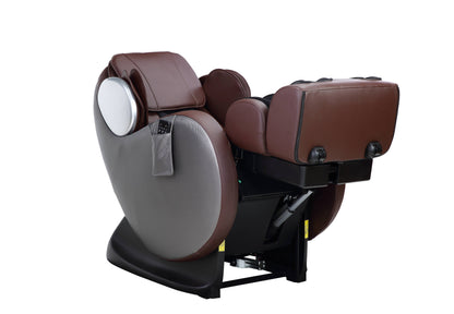 The Pacari Synthetic Leather Power 2D Massage Chair, in modern brown and gray, features a built-in control panel and adjustable reclining sections, shown against a white background.