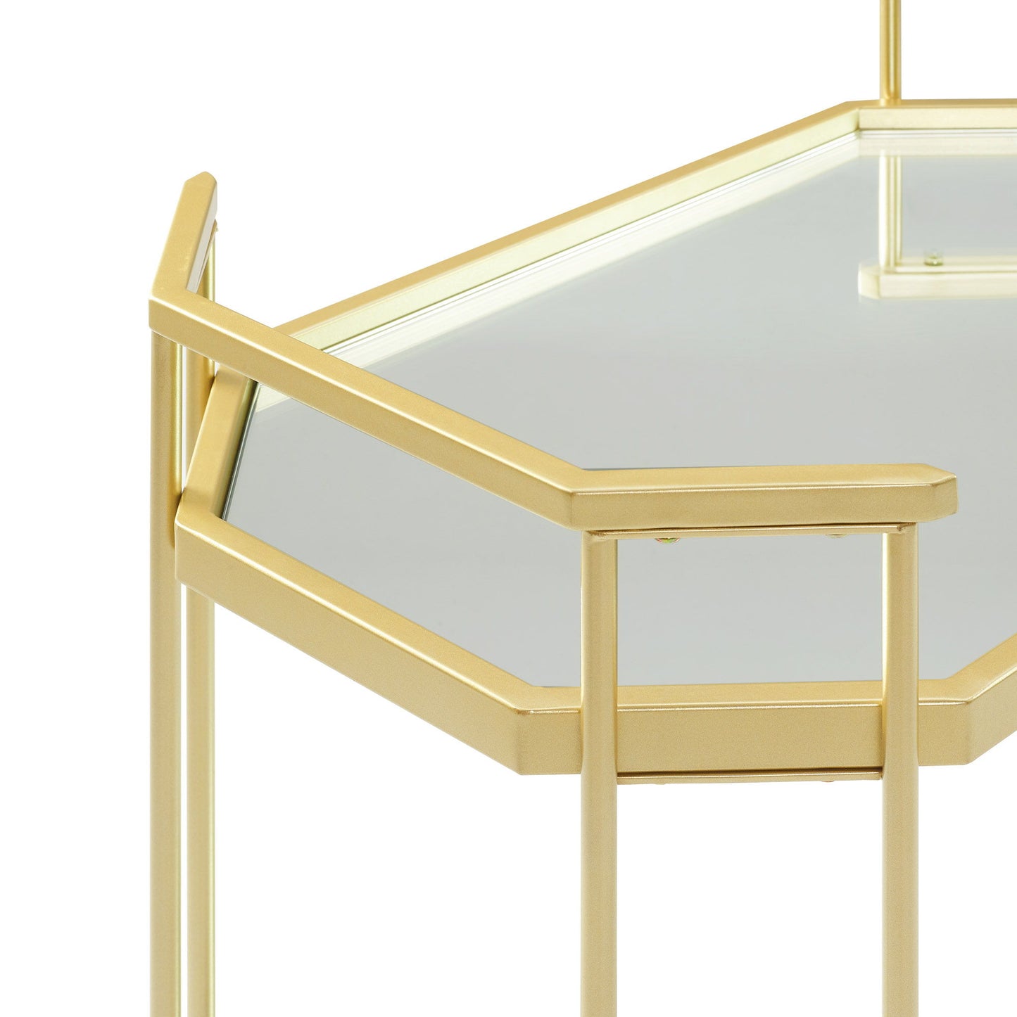 A close-up of the Couch.com Modern Glam Mirror Top Accent Table in pale gold, featuring a modern style, metal construction with a gold finish, and a sleek mirror top that highlights its geometric design.