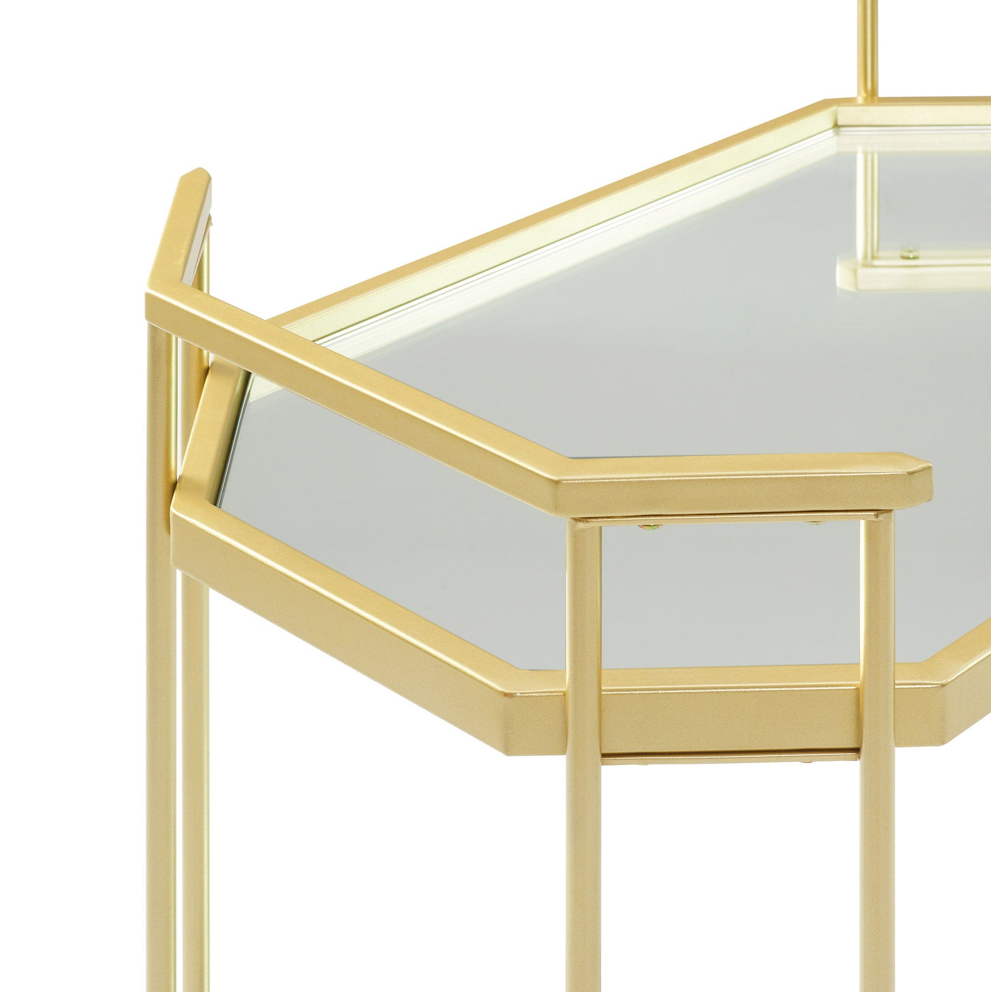 A close-up of the Couch.com Modern Glam Mirror Top Accent Table in pale gold, featuring a modern style, metal construction with a gold finish, and a sleek mirror top that highlights its geometric design.