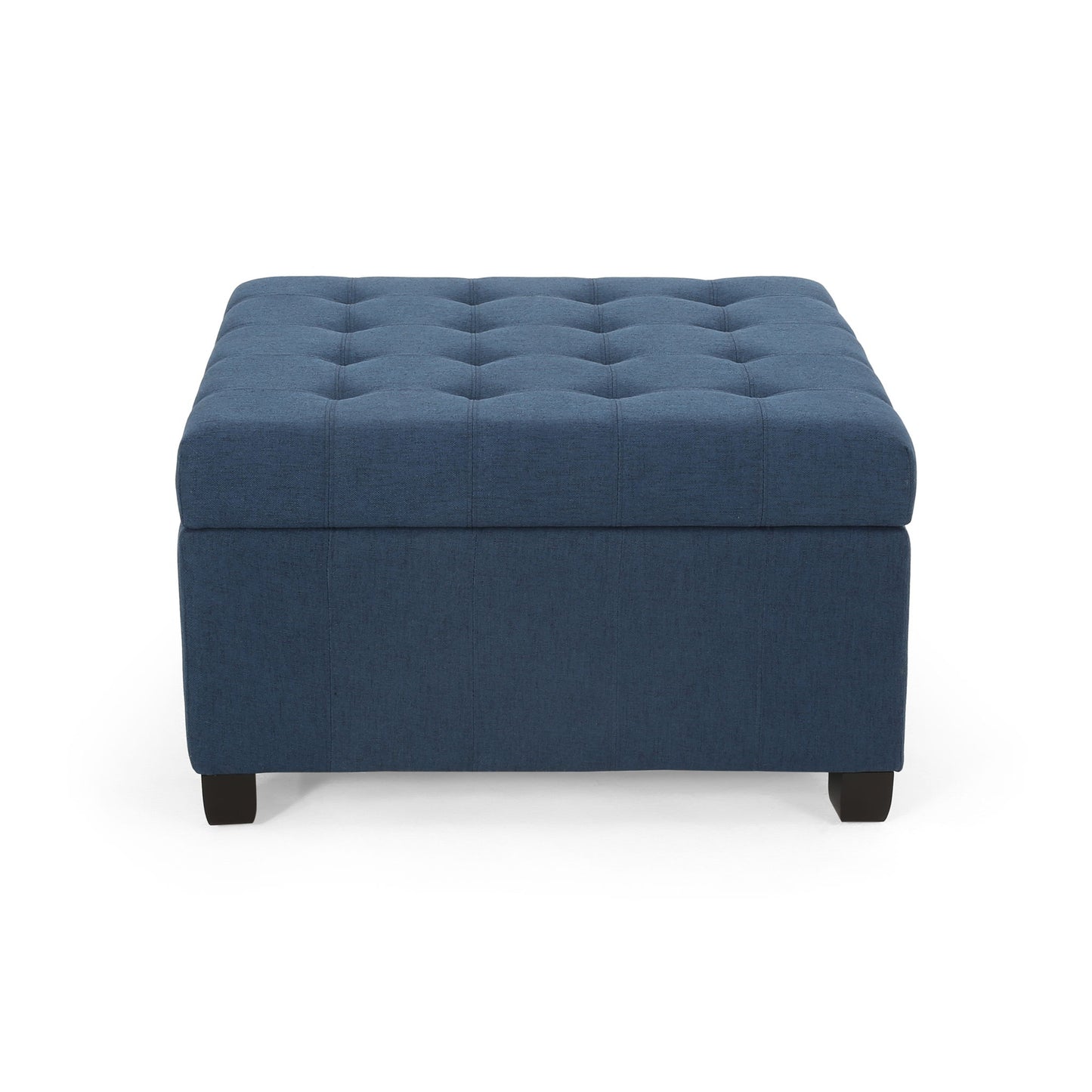The Isabella Contemporary Ottoman With Storage features a square, dark blue tufted design and short black legs, displayed against a white background.