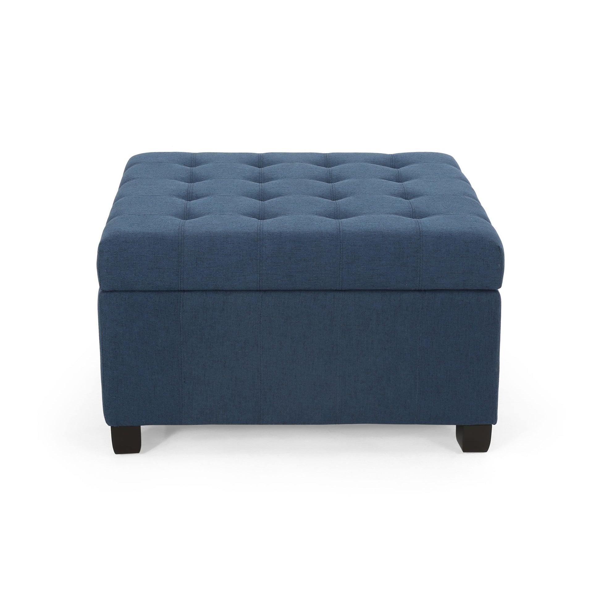 The Isabella Contemporary Ottoman With Storage features a square, dark blue tufted design and short black legs, displayed against a white background.