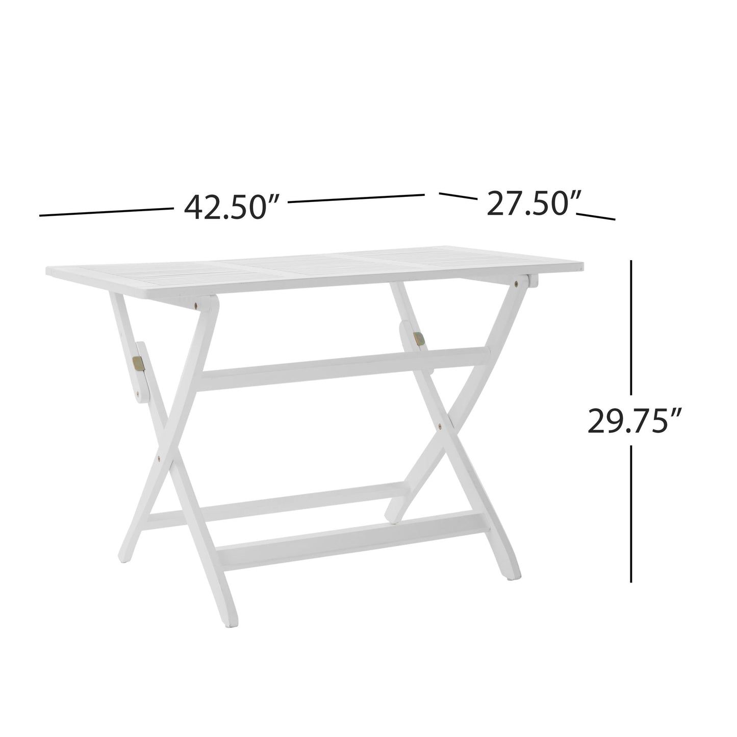 The Positano Foldable Dining Set features a white slatted-top table with cross-legged support, measuring 42.5" W x 27.5" D x 29.75" H.