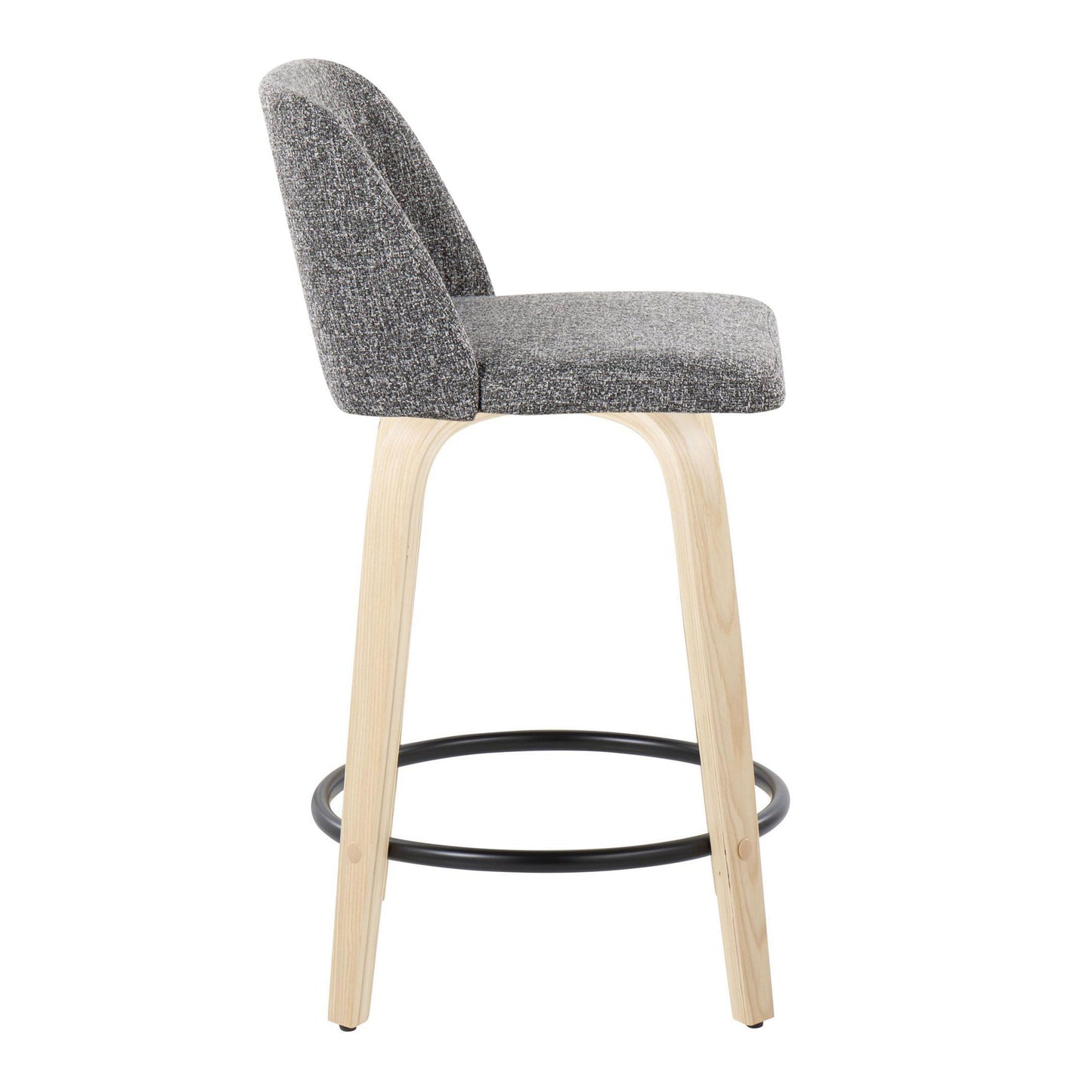 Introducing the Toriano, a set of 2 contemporary fixed-height counter stools, featuring gray upholstery and light wooden legs with a black circular metal footrest. Swivel functionality enhances its minimalistic design, perfect for modern interiors.
