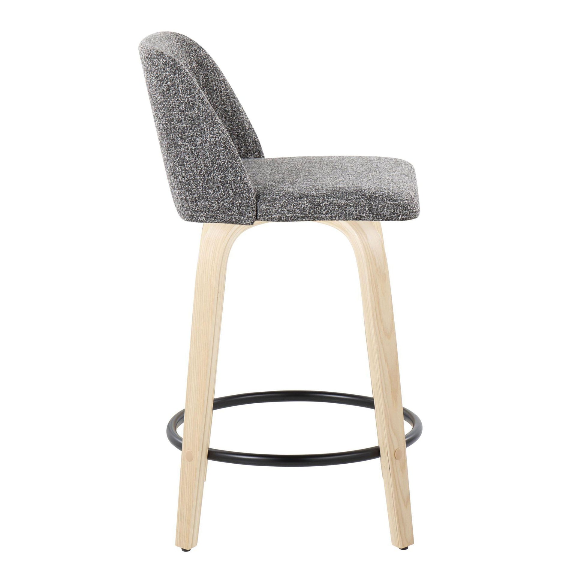Introducing the Toriano, a set of 2 contemporary fixed-height counter stools, featuring gray upholstery and light wooden legs with a black circular metal footrest. Swivel functionality enhances its minimalistic design, perfect for modern interiors.