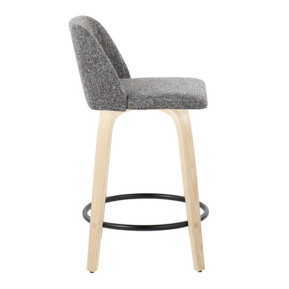 Introducing the Toriano, a set of 2 contemporary fixed-height counter stools, featuring gray upholstery and light wooden legs with a black circular metal footrest. Swivel functionality enhances its minimalistic design, perfect for modern interiors.