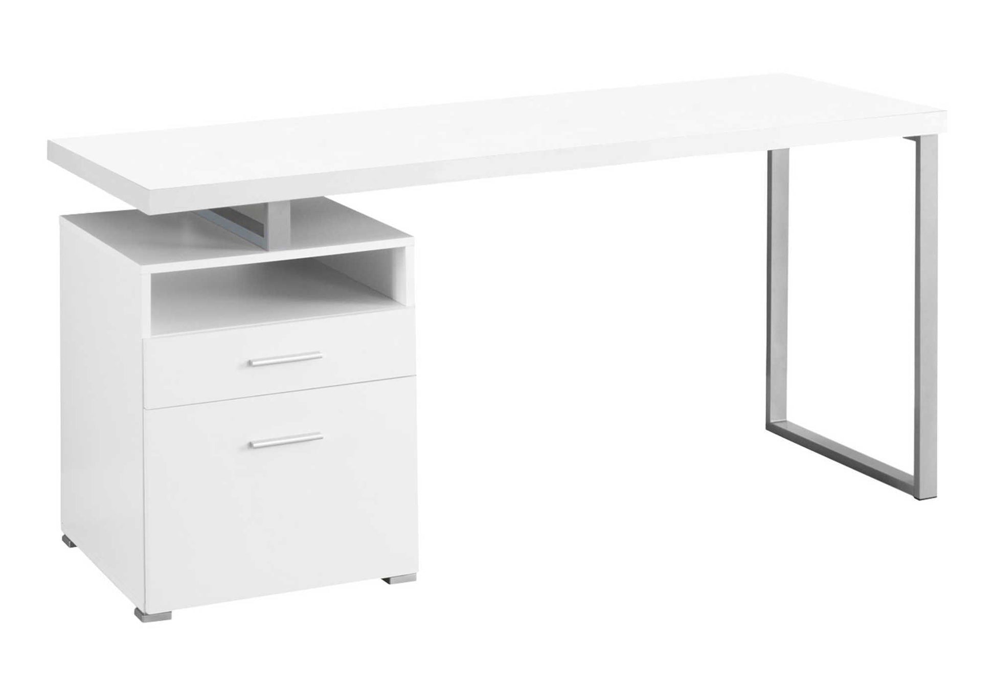 The Computer Desk for Home Office features a modern design with metal frame, two storage drawers, and an open shelf on the left, supported by a rectangular metal leg on the right. Ideal for laptops with flexible left or right setup.