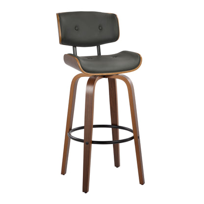 The Lombardi Mid-Century Modern Fixed Height Barstool set features a curved wooden frame, cushioned dark gray seat and back with button tufting, swivel function, and a black round metal footrest. Set of 2.
