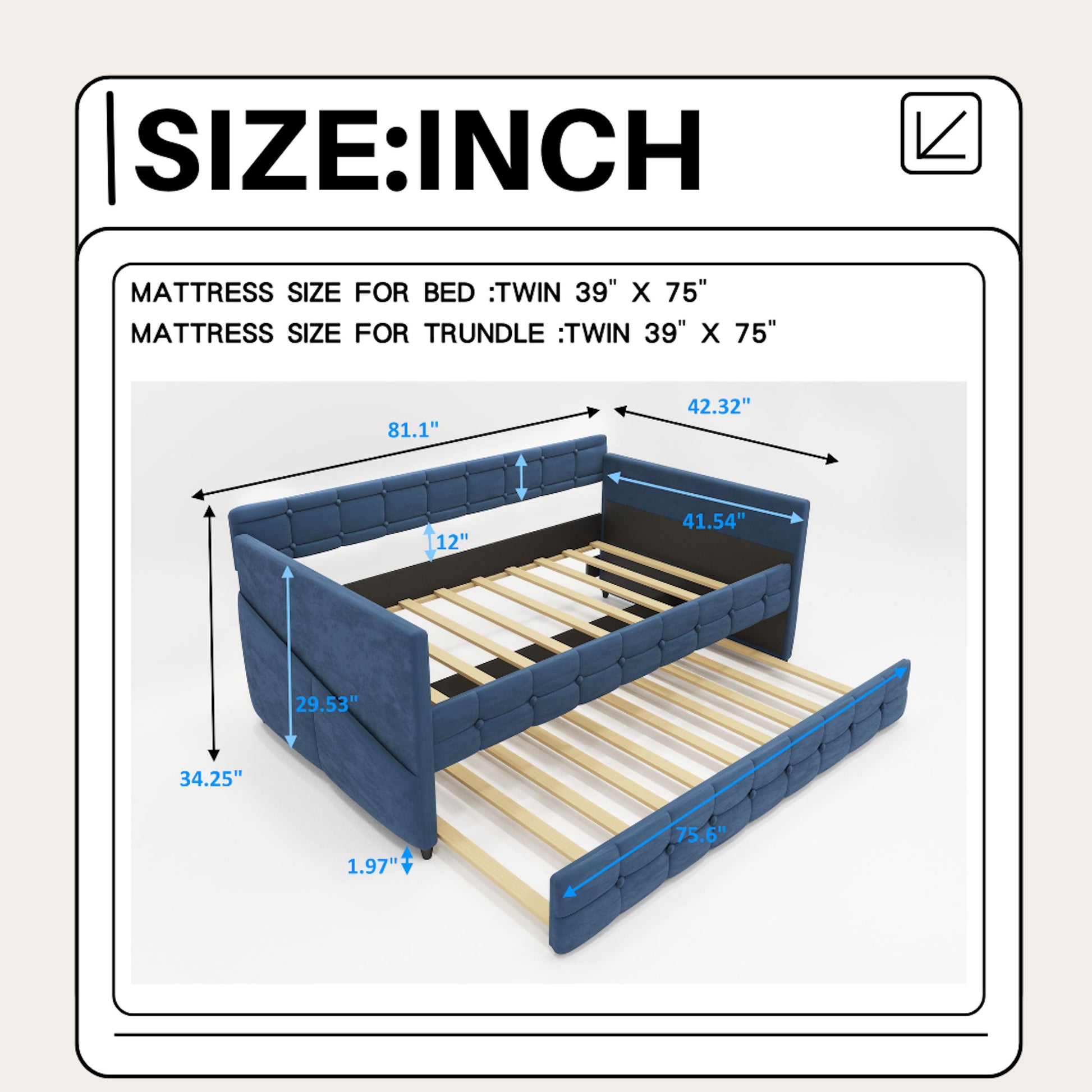 Diagram of the Upholstered Twin Size Daybed Bed Frame (Corner Bed) with Trundle in blue velvet, featuring studding design. Shows height, width, depth in inches; both beds fit twin mattresses (39" × 75"). No box spring required.