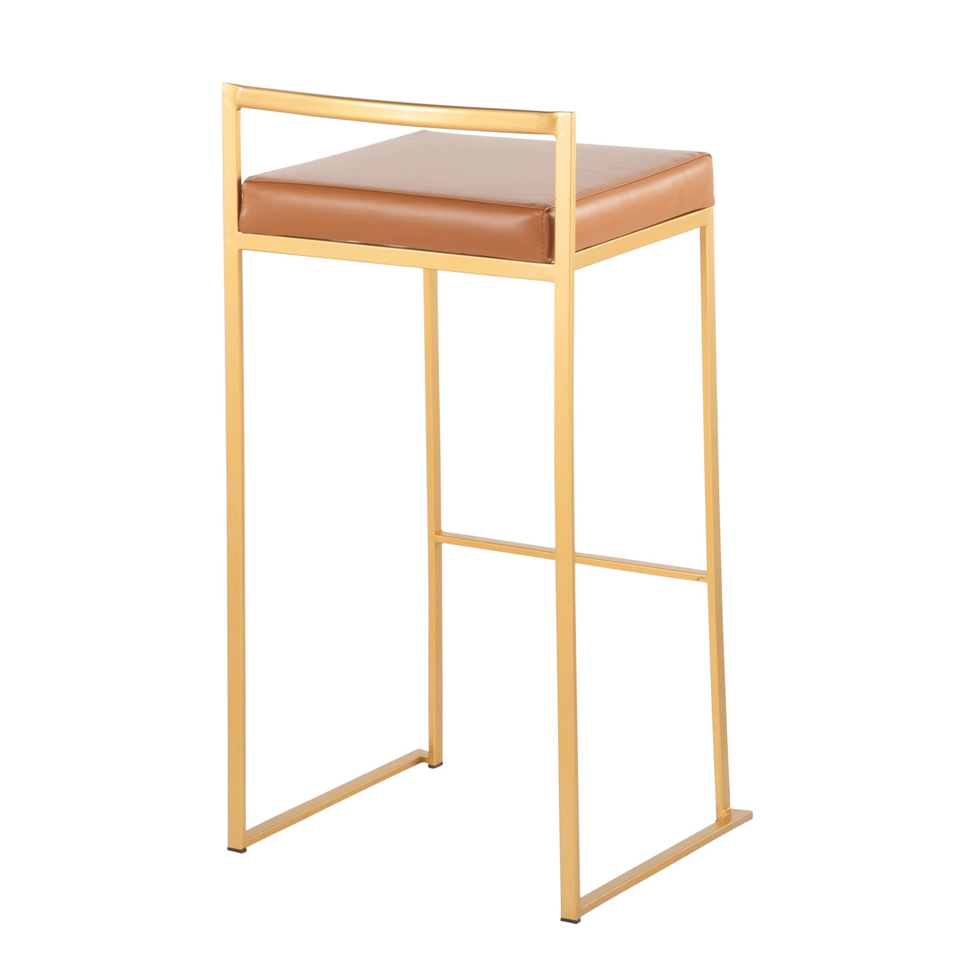 The Fuji barstool features a modern gold metal frame and a brown cushioned seat with minimalist, straight-line design and a horizontal top bar as the only backrest. Contemporary, glam styling with quality construction.