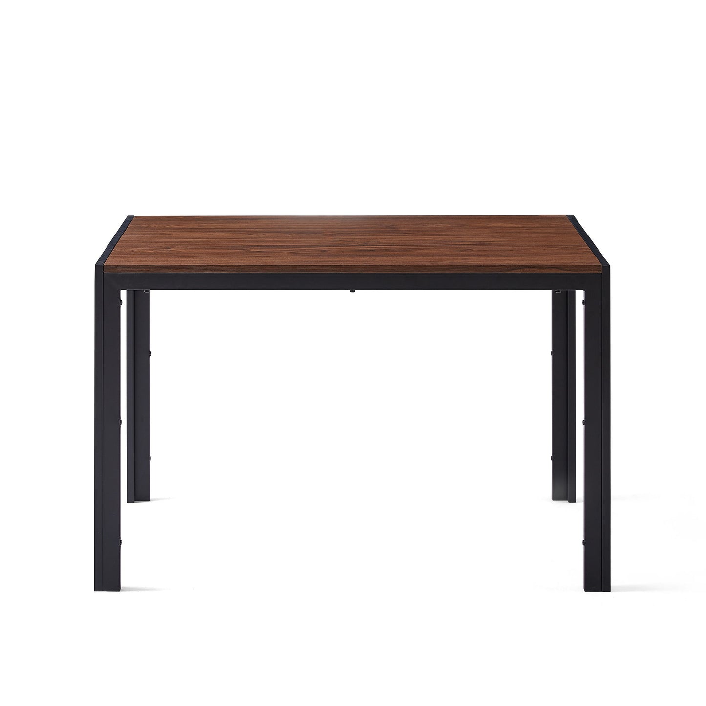 A Creative Design Veneered MDF Wood Structure Rectangular Walnut Dining Table with a walnut top and black metal legs, shown from the front against a white background.