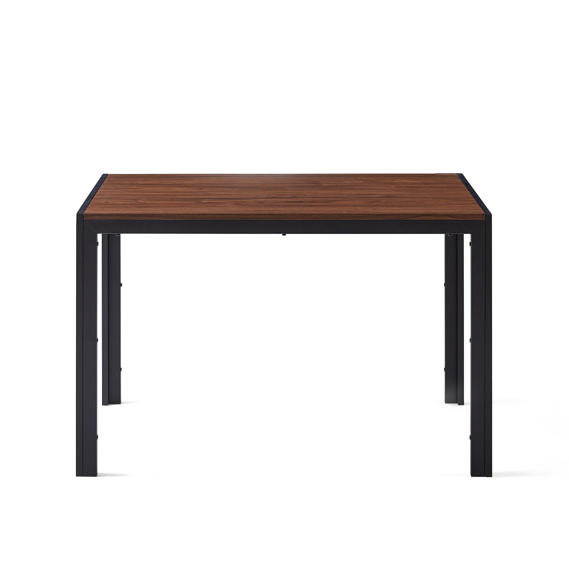 A Creative Design Veneered MDF Wood Structure Rectangular Walnut Dining Table with a walnut top and black metal legs, shown from the front against a white background.