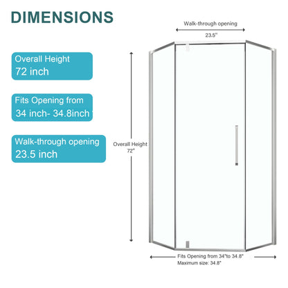 Semi Frameless Neo Angle Hinged Shower Enclosure With Clear Tempered Glass - Brushed Nickel