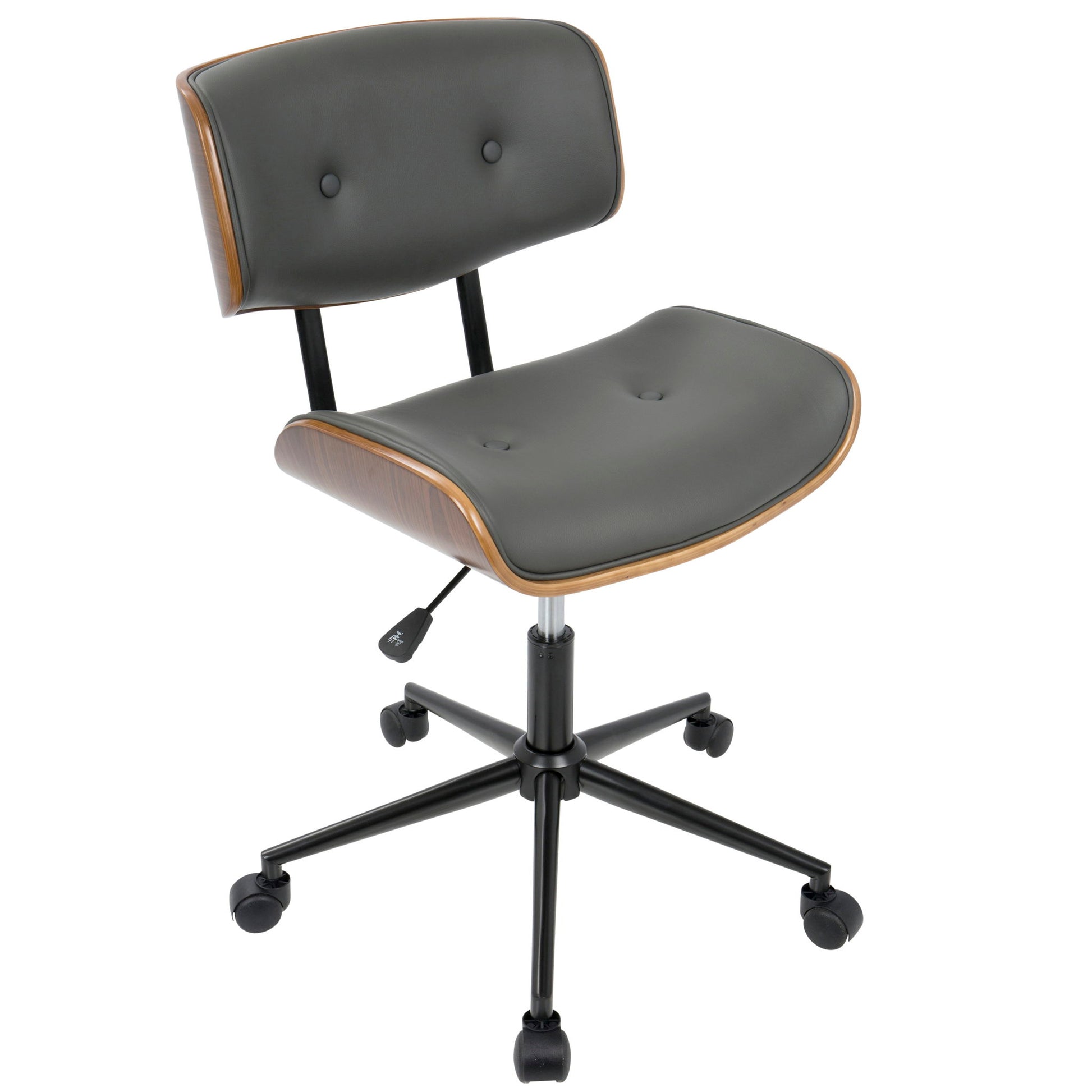 The Lombardi Mid Century Modern Adjustable Office Chair features a black cushioned seat and backrest, wooden side accents, a black metal five-wheel base, swivel functionality, and an adjustable height lever.