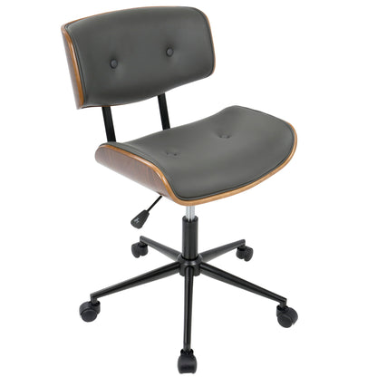 The Lombardi Mid Century Modern Adjustable Office Chair features a black cushioned seat and backrest, wooden side accents, a black metal five-wheel base, swivel functionality, and an adjustable height lever.