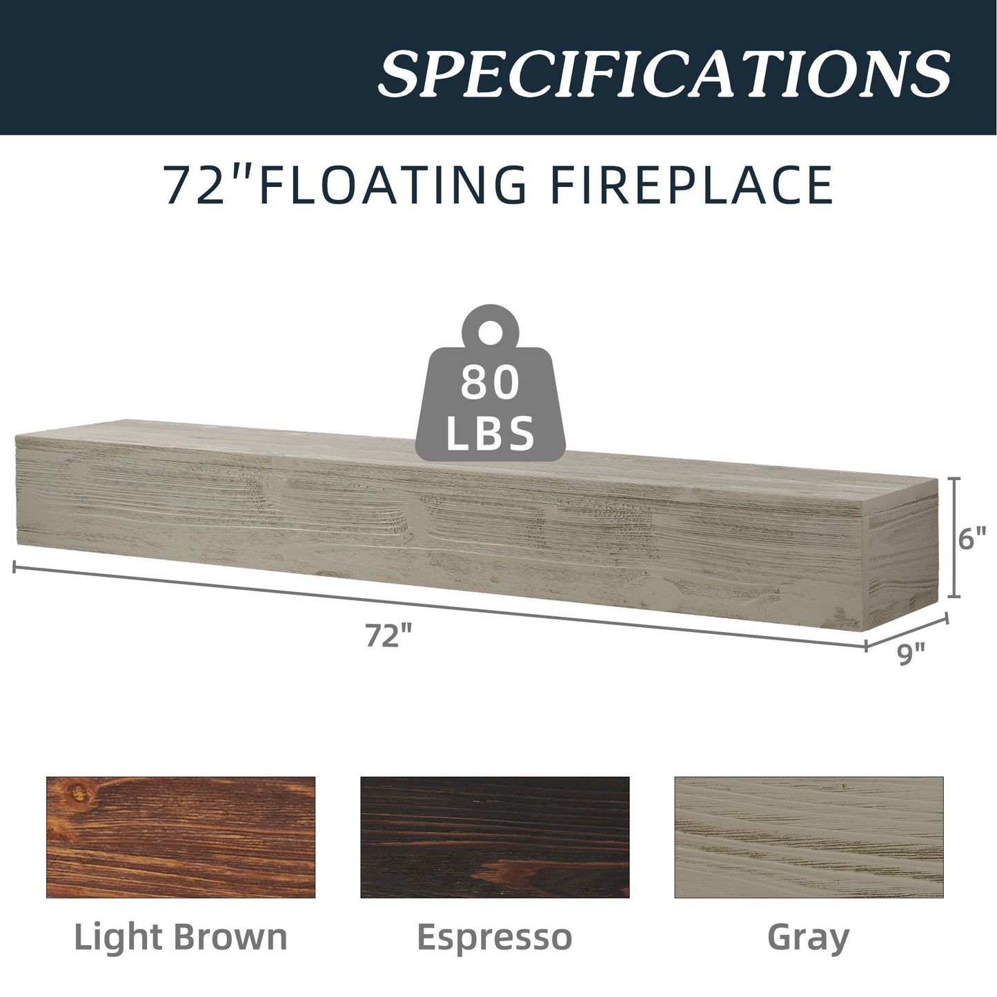 The Rustic Wood Fireplace Mantel is a 72"x9"x6" wall-mounted floating shelf supporting up to 80 lbs, available in light brown, espresso, and gray—ideal for home decor.