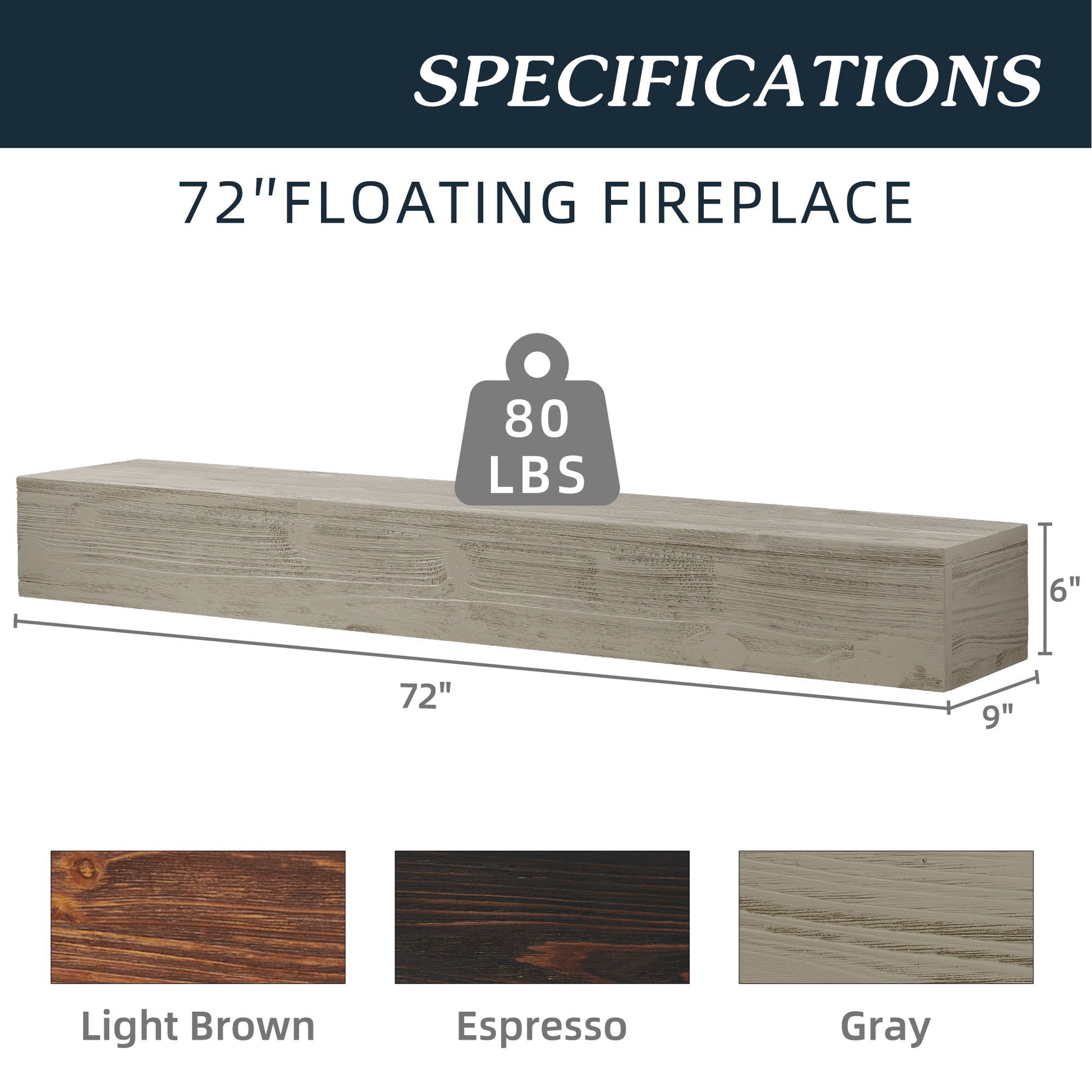 The Rustic Wood Fireplace Mantel is a 72"x9"x6" wall-mounted floating shelf supporting up to 80 lbs, available in light brown, espresso, and gray—ideal for home decor.