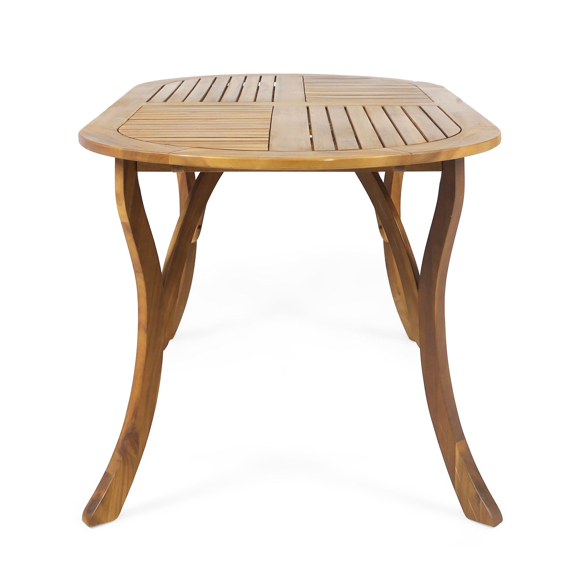 The Outdoor Table With Smooth Lines features a sturdy rectangular slat top and elegantly curved legs, shown against a white background.
