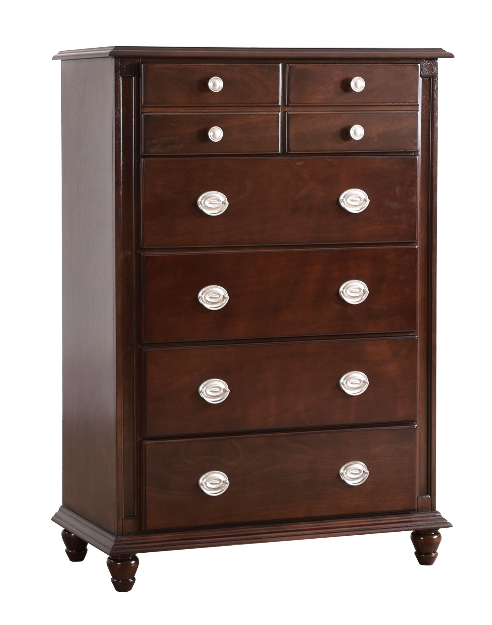 The Elegant Storage Chest Enhancing Your Space is a tall, dark wooden dresser with six drawers—two small top drawers side by side and four large drawers below, each featuring white or silver round handles and standing on short turned legs.