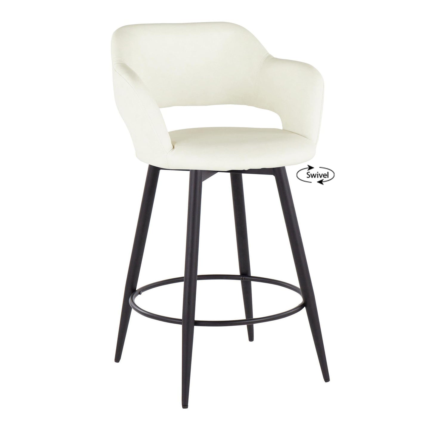 The Margarite set includes two contemporary fixed-height swivel counter stools, each featuring a cushioned seat and curved backrest. They boast a black metal frame with four legs and a round footrest.