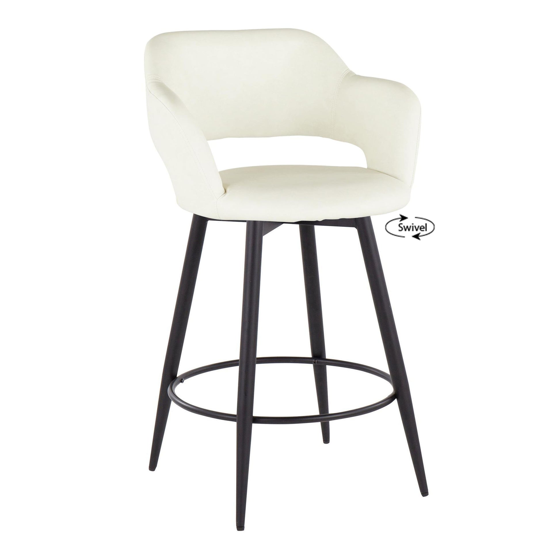 The Margarite set includes two contemporary fixed-height swivel counter stools, each featuring a cushioned seat and curved backrest. They boast a black metal frame with four legs and a round footrest.
