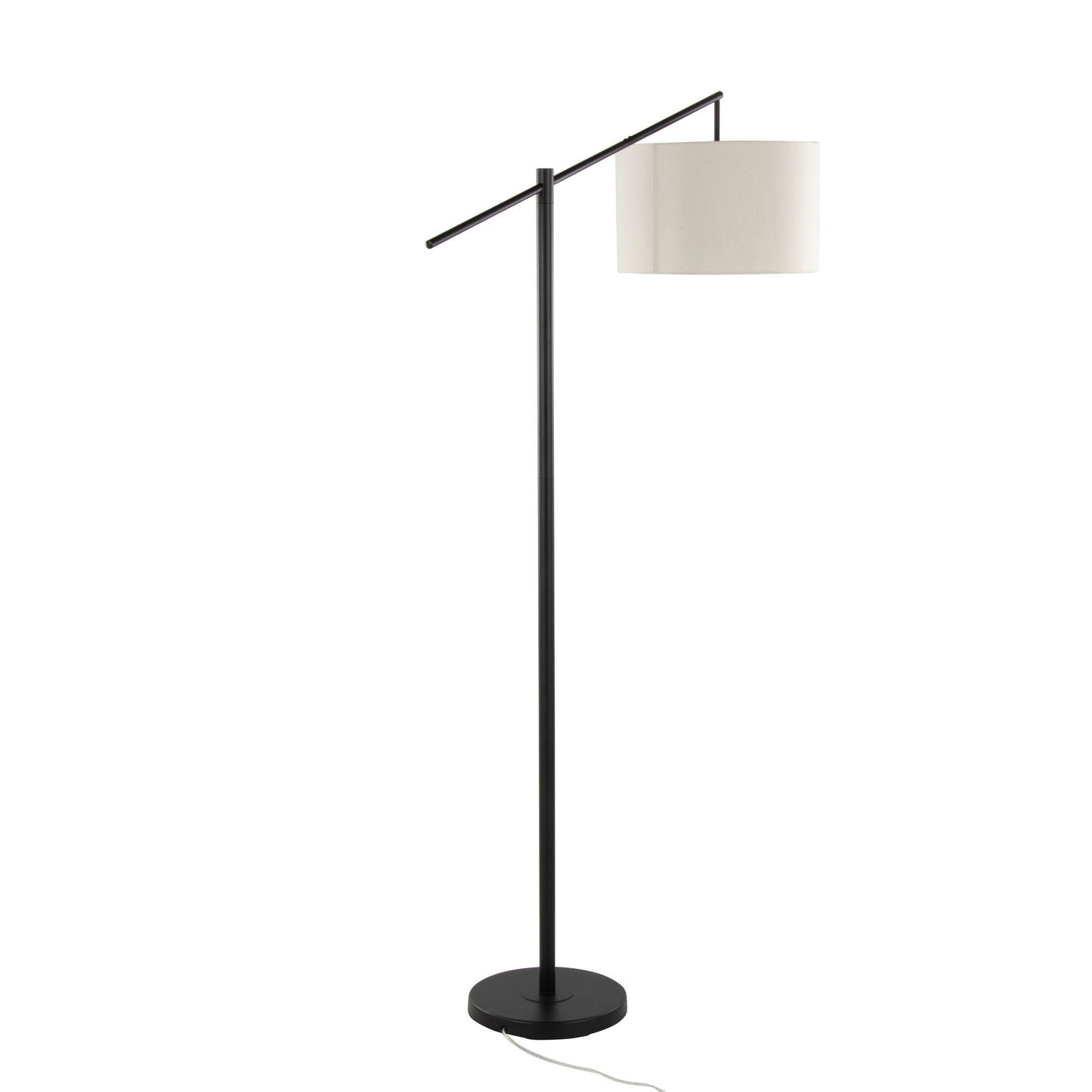 The Casper - Contemporary Floor Lamp features a black metal stand and base, a horizontal arm with a large white drum shade, and a power cord extending from the base.