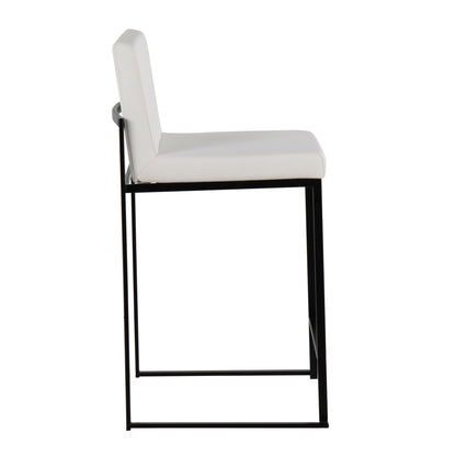 The Fuji - Contemporary Modern Elegance, High Back Counter Stool features a white cushioned seat and backrest on a sleek black metal frame, shown side-on against a white background.