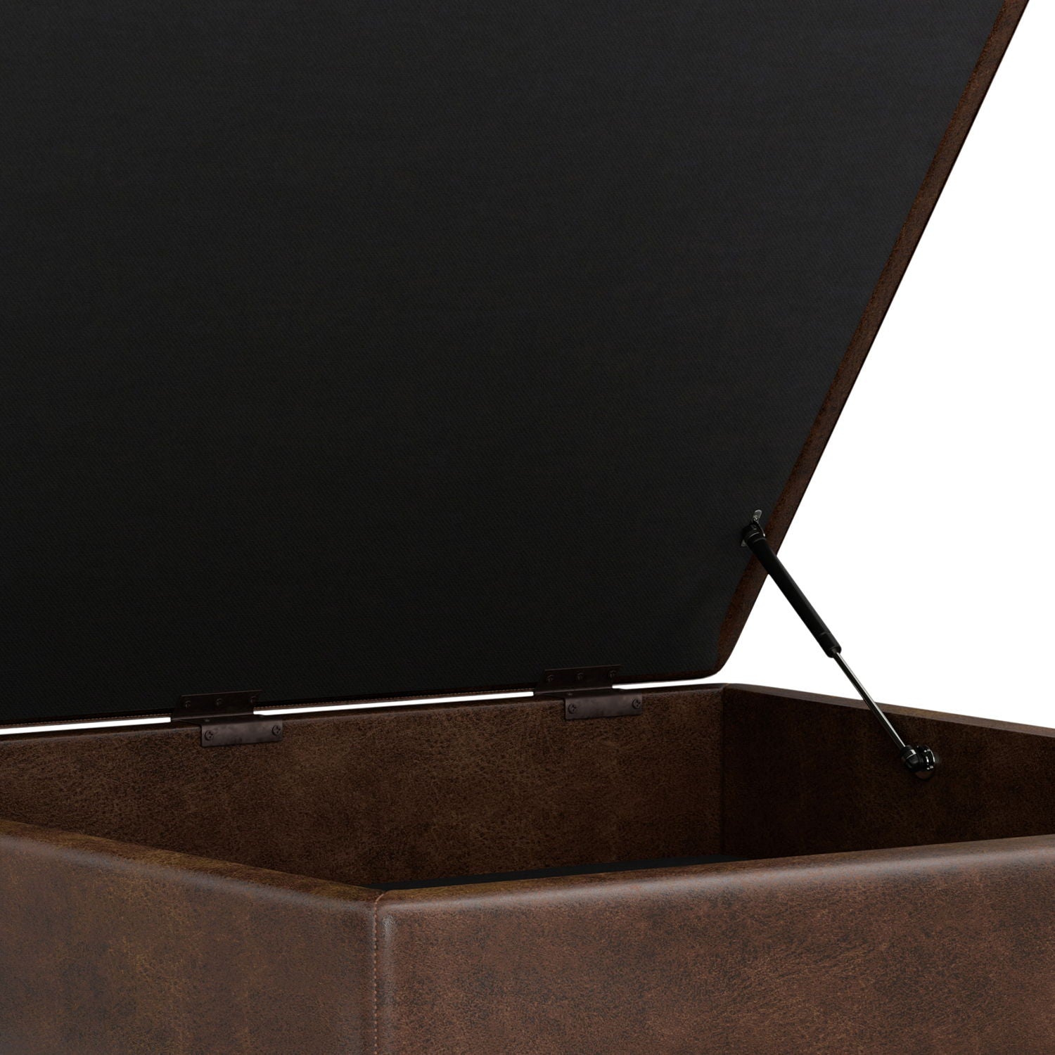 A close-up of the Owen Multifunctional Square Coffee Table Storage Ottoman with a hinged lid reveals its roomy interior and support strut. The ottoman is upholstered in brown faux leather for a stylish, practical storage solution.