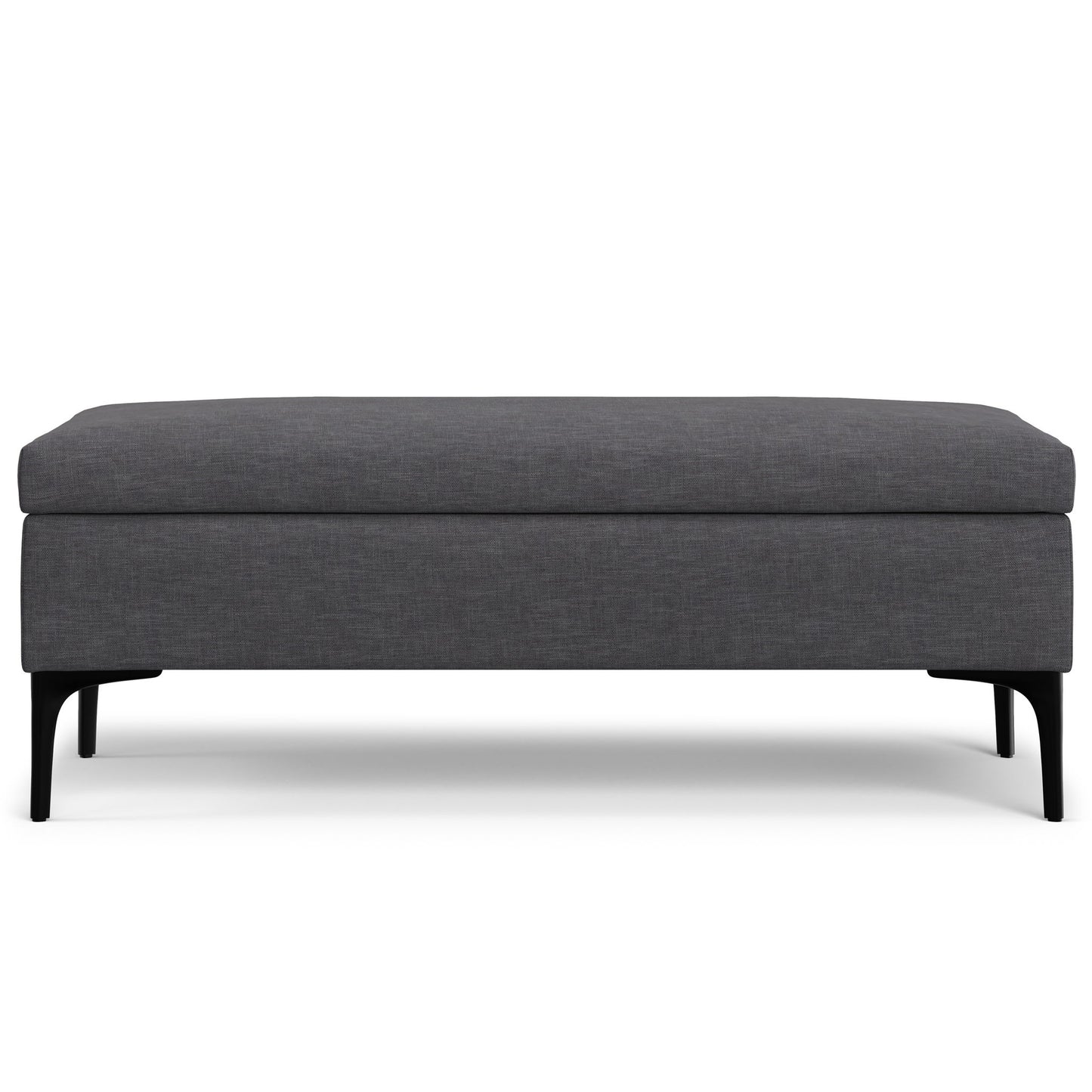 The Rebecca Multifunctional Coffee Table Storage Ottoman features a rectangular, dark gray upholstered design with four slender black legs, shown from the front against a white background.