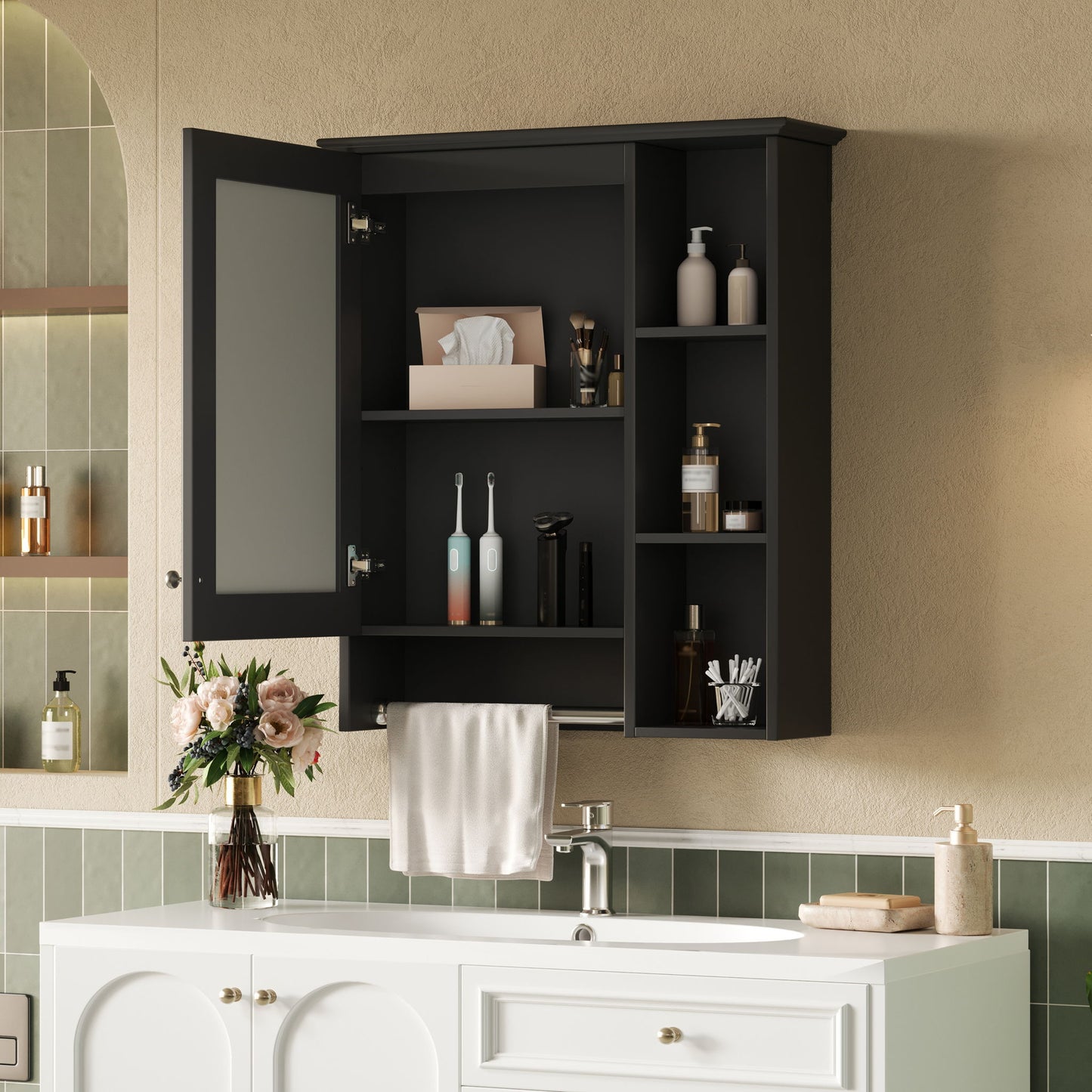 Modern 3 In 1 Bathroom Mirror Cabinet With Adjustable Shelf & Towel Bar