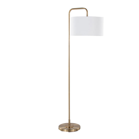 The Puck - Contemporary Floor Lamp features a slim gold metal stand that bends at the top to hold a round white lampshade, all supported by a flat circular base for modern elegance.