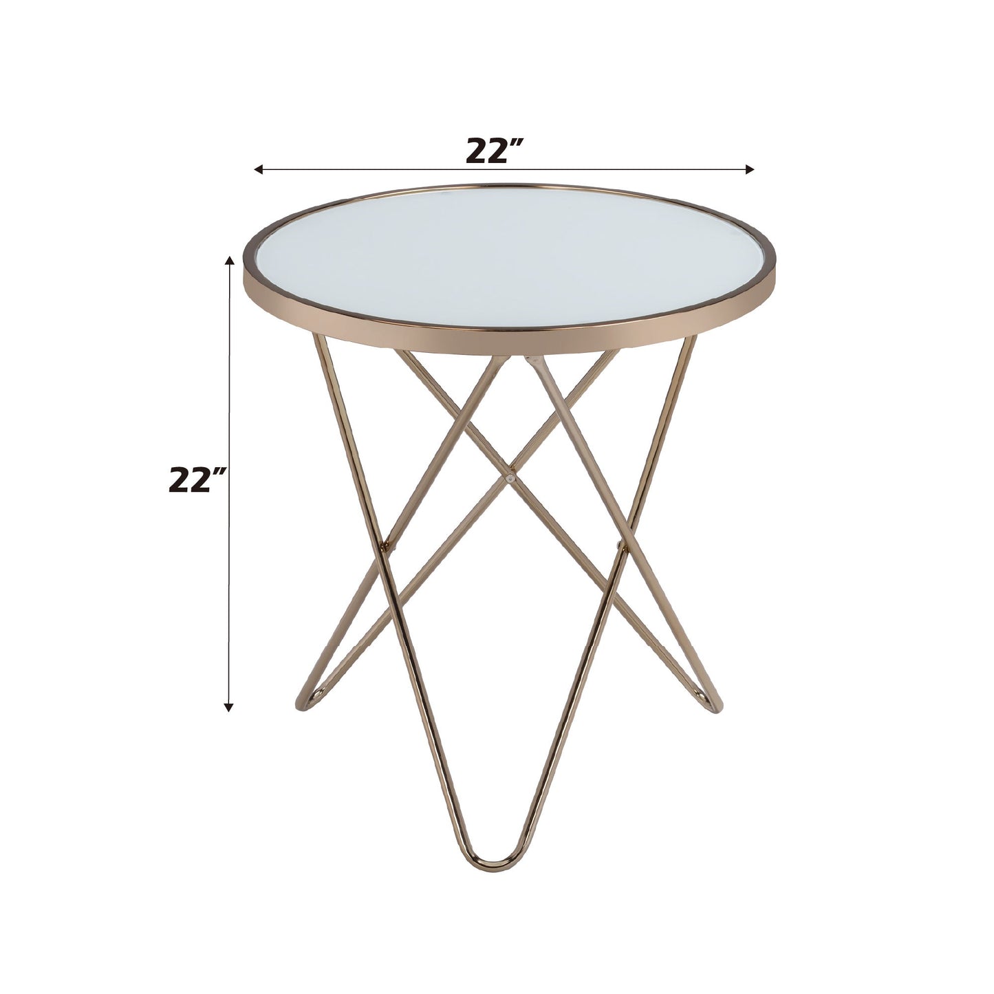 The Valora - Glass Coffee Table features a round glass top, gold metal frame with crisscross legs, and measures 22 inches in both height and diameter, as shown by labeled arrows.