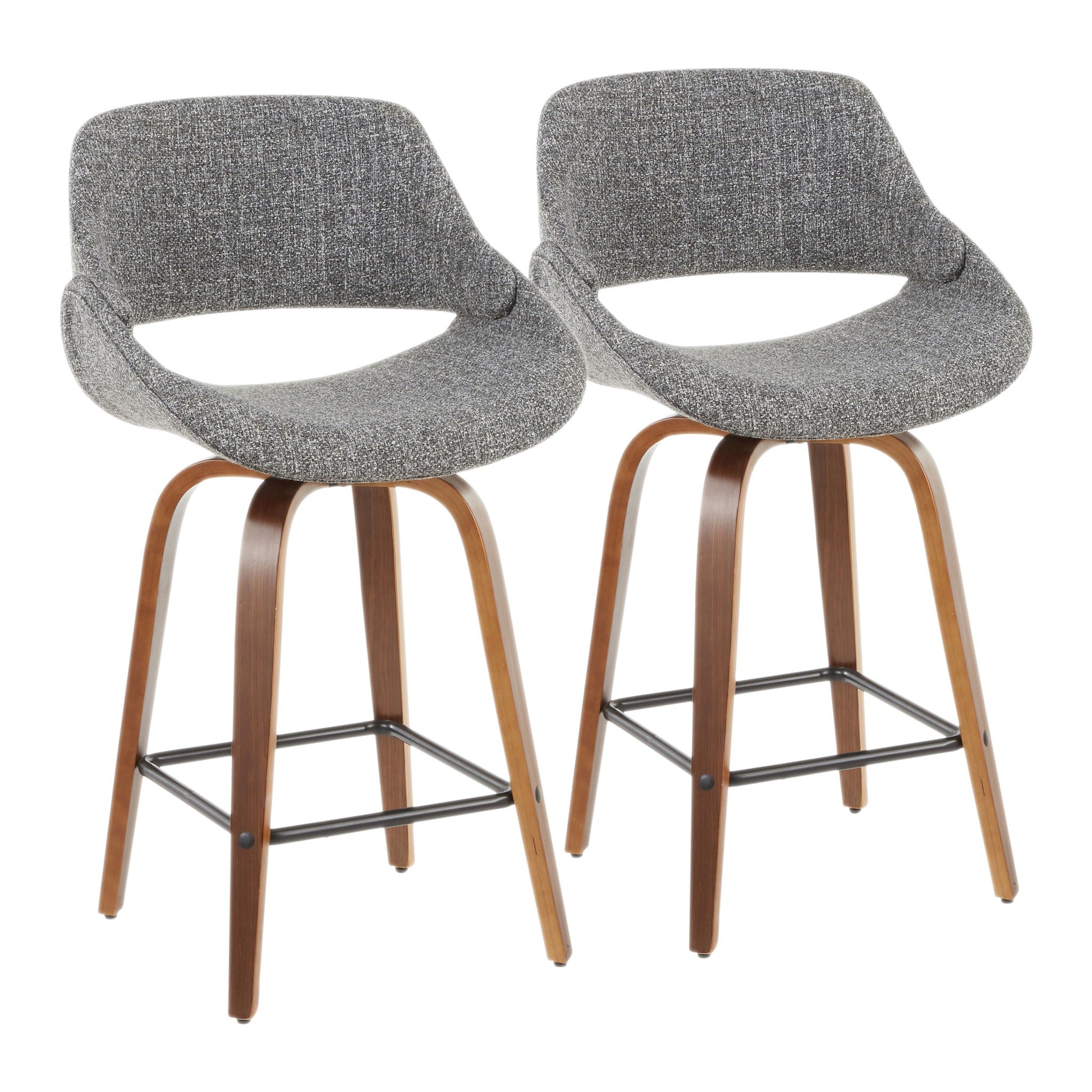 The Fabrico Mid-Century Modern Counter Stools (set of 2) feature curved wooden legs, metal footrests, and gray upholstered seats with low, rounded and open backs, shown side by side on a white background.