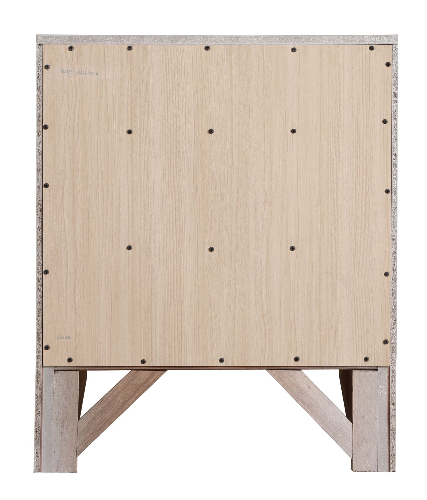 The Marilla Nightstand features a plain wooden panel with visible screws and angled wooden legs, shown against a white background.