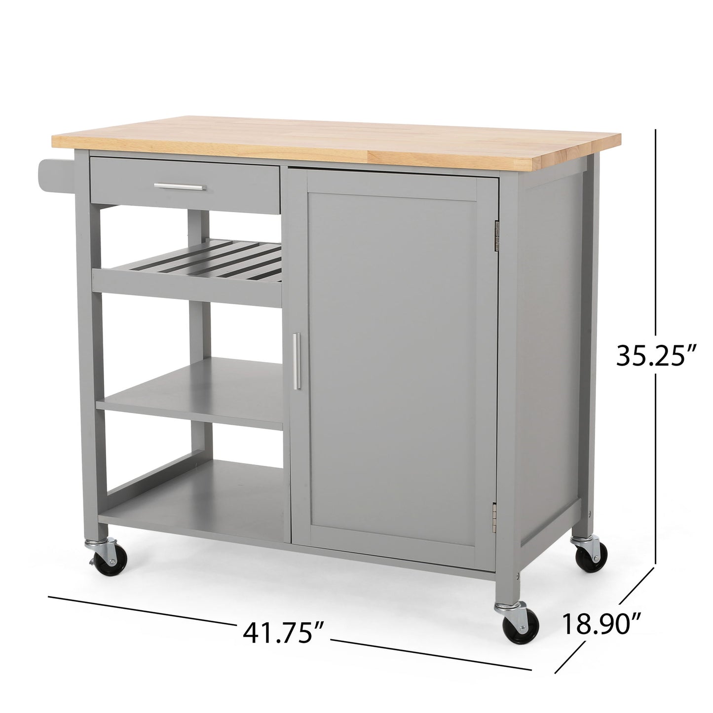 The Contemporary Design Kitchen Cart With Wheels features a gray finish, wooden top, drawer, open shelves, cabinet, towel rack, and measures 35.25"H x 41.75"W x 18.90"D.