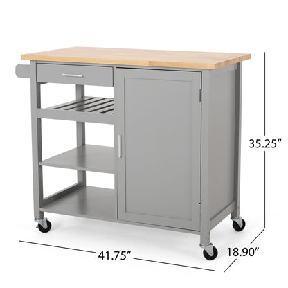 The Contemporary Design Kitchen Cart With Wheels features a gray finish, wooden top, drawer, open shelves, cabinet, towel rack, and measures 35.25"H x 41.75"W x 18.90"D.