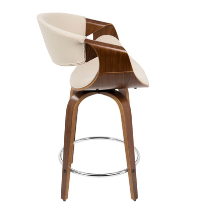 The Curvini Mid-Century Modern Fixed Height Counter Stool with Swivel (Set of 2) features a curved wooden frame, cream upholstered seat and backrest, and a circular chrome footrest, shown from a side angle.
