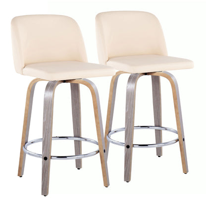 Set of 2 Toriano Contemporary Fixed Height Counter Stools featuring swivel seats, cream-colored cushions, light wood legs, and round chrome footrests, shown on a white background.