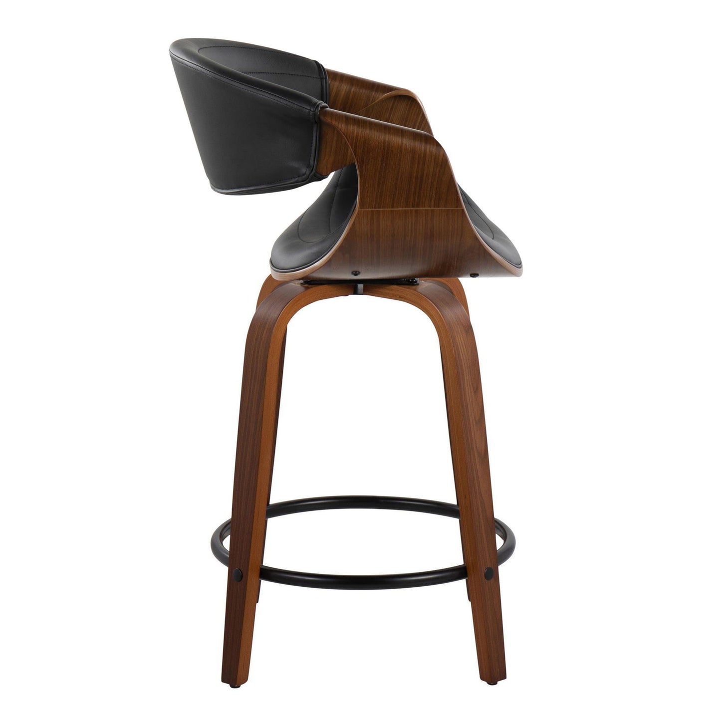 The Symphony Mid Century Modern Counter Stool set features a curved wooden frame, black cushioned seat and backrest, and a black round metal footrest ring, shown in profile. Set of 2 with fixed height and swivel function.