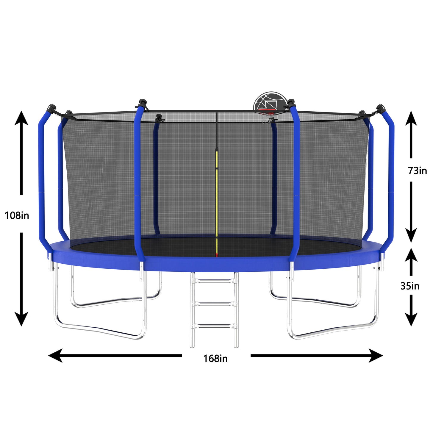 The Trampoline With Basketball Hoop is an ASTM-approved outdoor trampoline with an enclosure net, blue padding, ladder, and a basketball hoop. It measures 168" wide and 108" tall; the net is 73" high, and the legs are 35" high.