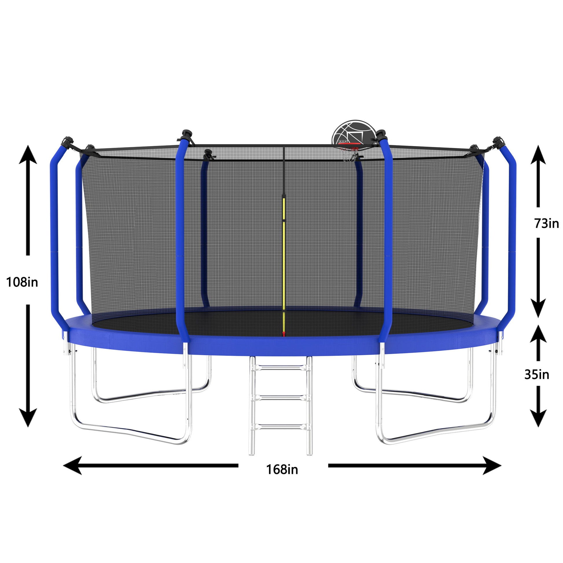 The Trampoline With Basketball Hoop is an ASTM-approved outdoor trampoline with an enclosure net, blue padding, ladder, and a basketball hoop. It measures 168" wide and 108" tall; the net is 73" high, and the legs are 35" high.