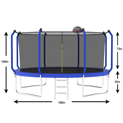 The Trampoline With Basketball Hoop is an ASTM-approved outdoor trampoline with an enclosure net, blue padding, ladder, and a basketball hoop. It measures 168" wide and 108" tall; the net is 73" high, and the legs are 35" high.