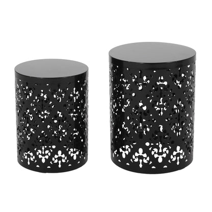 A set of two black Outdoor Metal Modern Design End Tables, each featuring an ornate cut-out pattern; includes one taller, larger table and one shorter, smaller table.