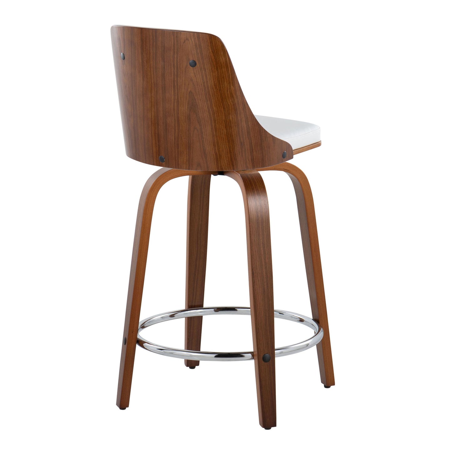 The Gianna Mid-Century Modern Fixed Height Stool set features curved wooden backrests and legs, white cushioned seats, and round chrome footrests; shown here from the rear. Set includes 2 swivel stools.