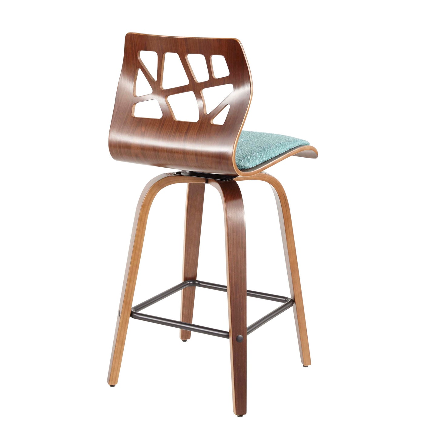 The Folia Mid Century Modern Fixed Height Counter Stool (Set of 2) features a geometric cutout backrest, light blue cushioned seat, metal footrest, and curved legs for a stylish, contemporary look.